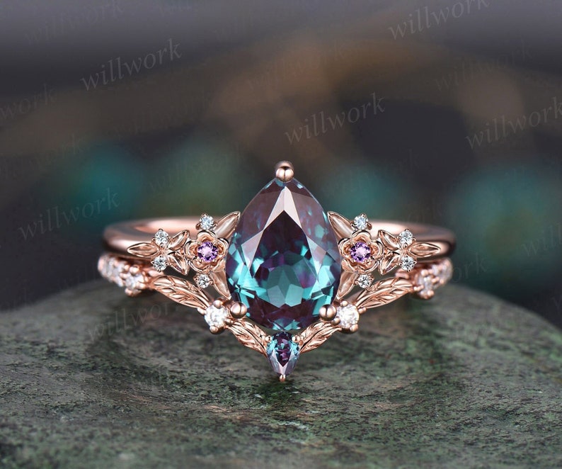 Vintage pear alexandrite engagement ring rose gold leaf flower amethyst ring women unique cluster diamond bridal wedding ring set gift image 1