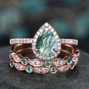 Anillo de compromiso de ágata de musgo vintage único conjunto anillo de halo de diamantes art déco anillo esmeralda natural anillo de esmeralda set anillo de oro rosa conjunto nupcial conjunto nupcial