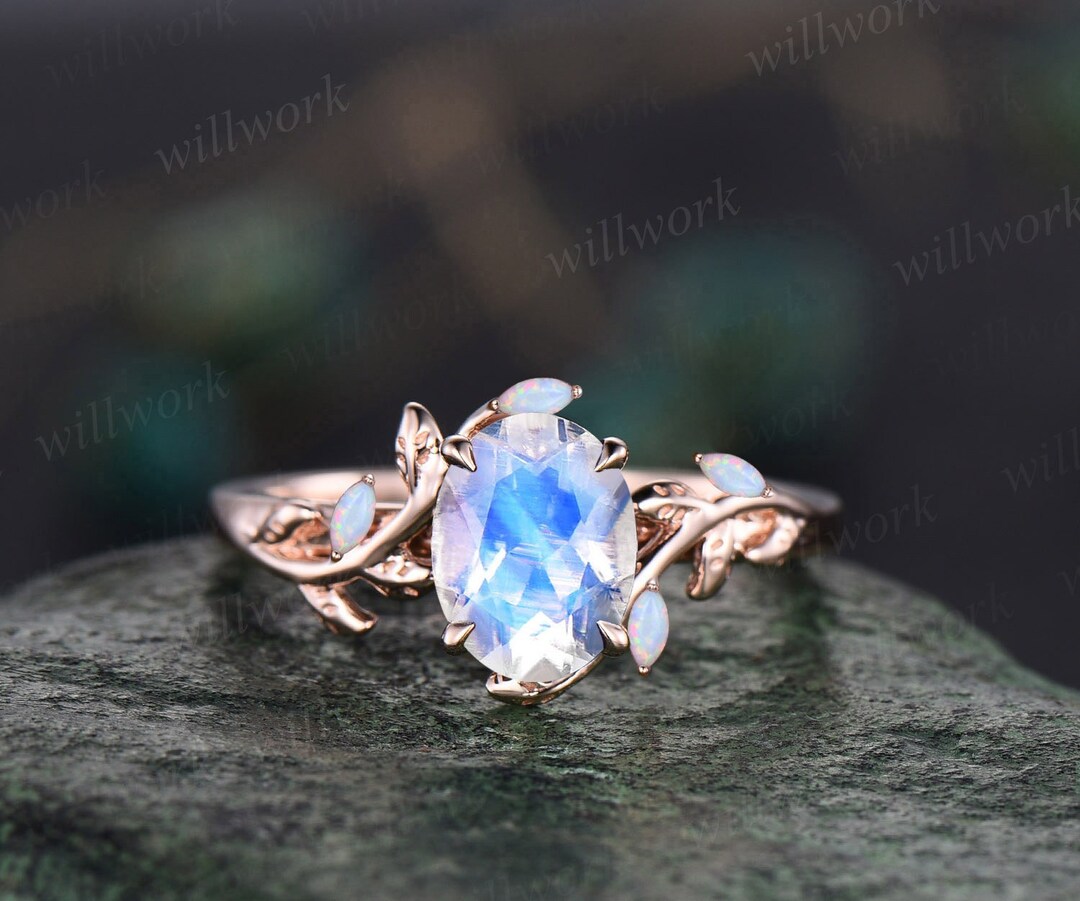 Oval Moonstone Ring Vintage Leaf Marquise Opal Ring Women Five Stone