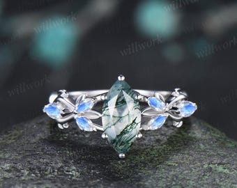 1ct marquise cut moss agate moonstone engagement ring vintage solid 14k white gold leaf infinity promise wedding ring women jewelry