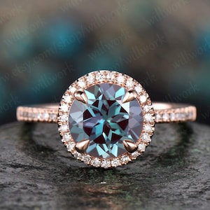 Diamond halo ring unique Alexandrite engagement ring rose gold 8mm round cut Alexandrite ring vintage June birthstone ring anniversary ring