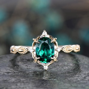 5x7mm oval cut emerald engagement ring yellow gold antique cluster diamond ring wedding promise anniversary ring birthday gift