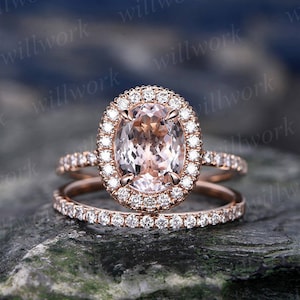 Morganit Verlobungsring Set-handgemachte solide 14 k Rose gold Ring-Real Diamant Band-6x8mm ovale Edelstein Halo Moissanite Ring-Braut-Ring-set