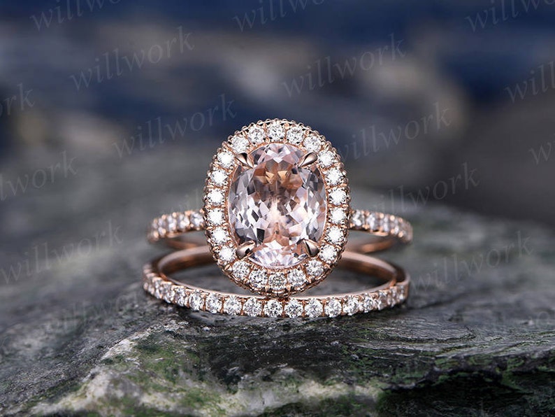 Morganite Engagement Ring Set-handmade Solid 14k Rose Gold | Etsy