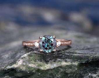Three stone engagement ring Alexandrite engagement ring rose gold real diamond ring vintage June birthstone ring wedding anniversary ring