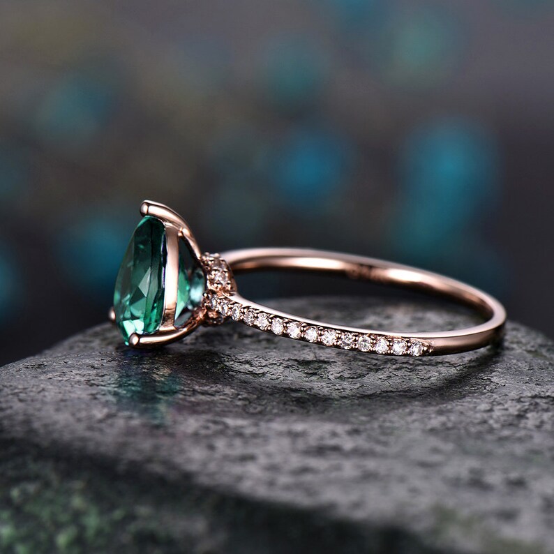 Teardrop Emerald engagement ring solid 14k rose gold under | Etsy