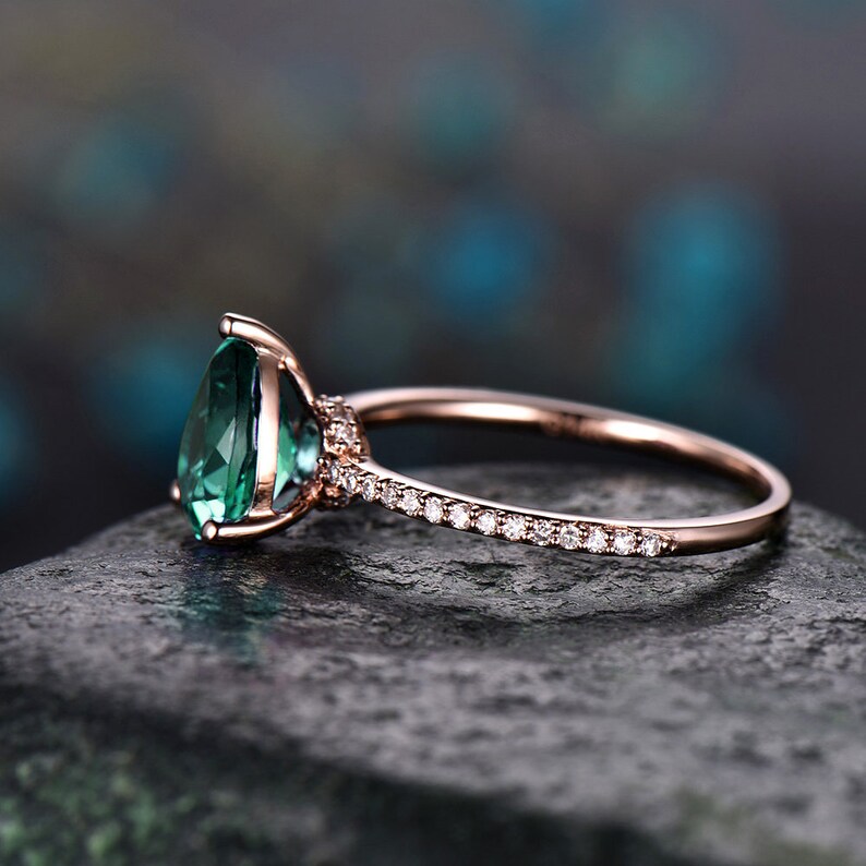 PYTALI Sterling Silver Teardrop Simulated Emerald Ring - Cubic Zirconia Engagement Ring For Women