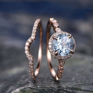 Vintage Blue Aquamarine Engagement Ring Set Solid 14k Rose Gold Handmade Art Deco Arched Diamond Rng Wedding Ring Set March Birthstone Ring image 1