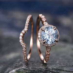 Conjunto de anéis de noivado vintage em ouro rosa 14k sólido, feito à mão, em formato de arco, com diamantes, em formato de arco, com pedra de nascimento de março