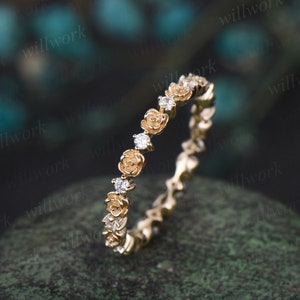 Full Eternity Floral Diamond Wedding Band Solid 14k Yellow Gold ...