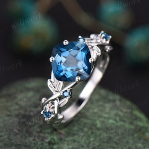 Twig cushion cut London blue topaz engagement ring 14k white gold leaf topaz ring December birthstone ring anniversary ring for women gift