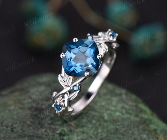Twig Cushion Cut London Blue Topaz Engagement Ring 14k White Gold