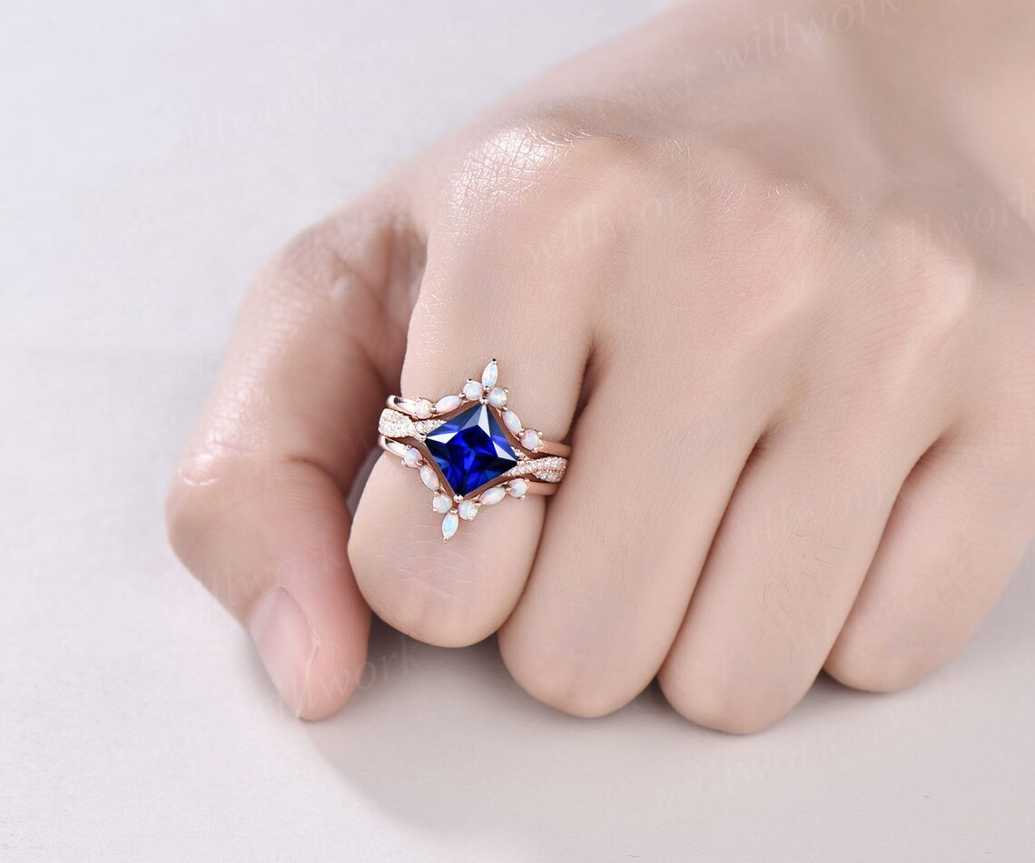 Princess Cut Sapphire Engagement Ring Set Vintage Opal Ring | Etsy