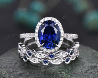 Oval 7x9mm sapphire ring set vintage sapphire engagement ring set diamond natural sapphire ring set white gold September birthstone ring