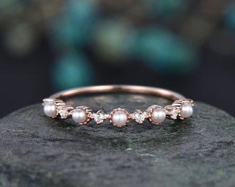 Fresh water pearl ring moissanite wedding band unique pearl ring stackable matching ring white/yellow/rose gold wedding anniversary gift