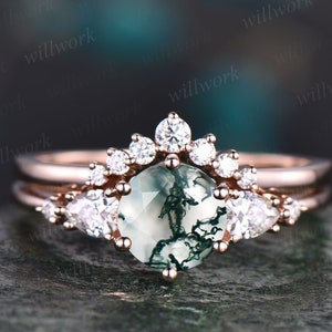 Unique moss agate wedding ring set vintage Round moss agate engagement ring set five stone rose gold moissanite bridal ring set women