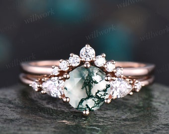 Unique moss agate wedding ring set vintage Round moss agate engagement ring set five stone rose gold moissanite bridal ring set women