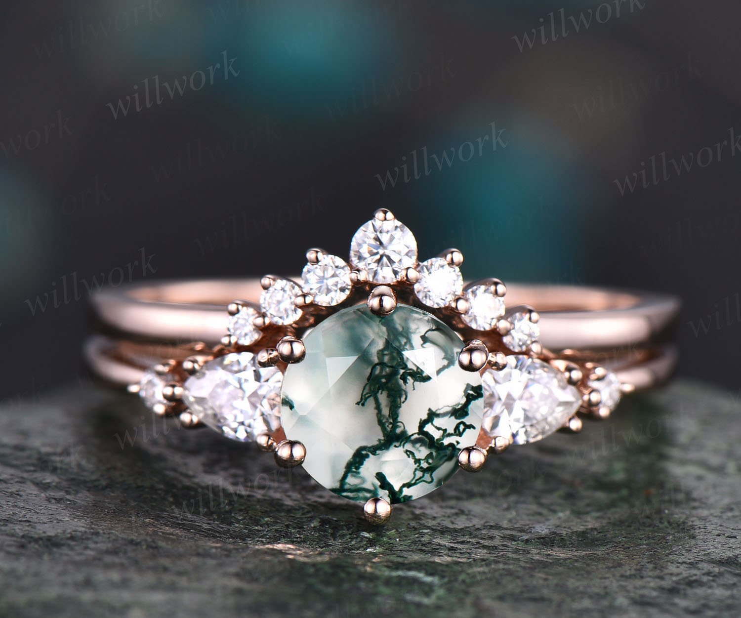 Vintage Kite Shaped Moss Agate Engagement Ring Set 925 Silver Moss
