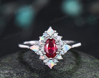 Oval cut red ruby ring vintage white gold halo kite square opal unique engagement ring women wedding anniversary ring gift for her