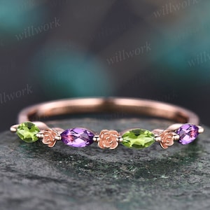 Floral marquise cut amethyst peridot wedding band solid 14k rose gold vintage half eternity crystal ring women bridal anniversary ring gift