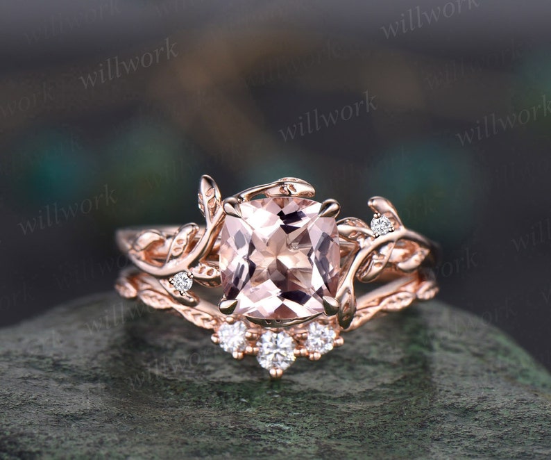 Twig cushion cut morganite engagement ring set leaf branch rose gold three stone diamond ring unique nature inspired wedding ring for women image 1