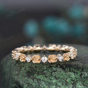 Full Eternity Floral Diamond Wedding Band Solid 14k Yellow Gold ...