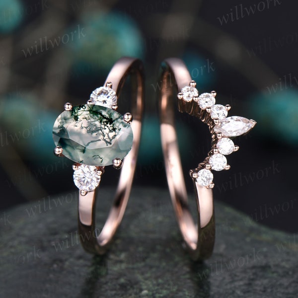 Oval cut green moss agate ring gold silver vintage unique engagement ring set rose gold three stone moissanite bridal wedding ring for women