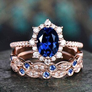 3pc Halo cluster sapphire engagement ring rose gold moissanite natural sapphire diamond wedding band stack vintage for women bridal ring set