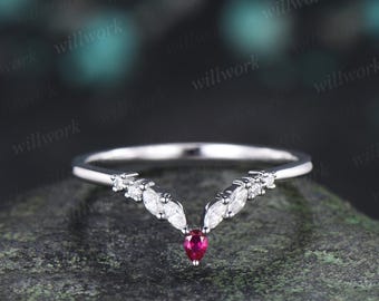 Curved pear ruby wedding band 14k white gold marquise moissanite bridal ring women stacking bridal anniversary ring women gift