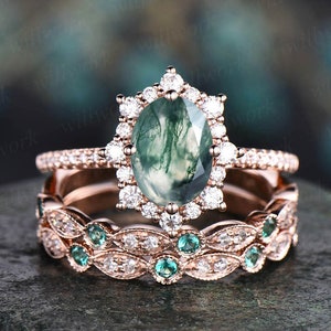 Oval vintage moss agate engagement ring set natural emerald ring set art deco diamond ring rose gold emerald bridal set rings dainty jewelry