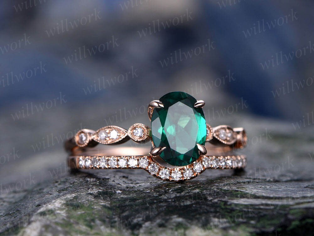 Emerald Engagement Ring Set Solid 14k Rose Gold Diamond Ring | Etsy