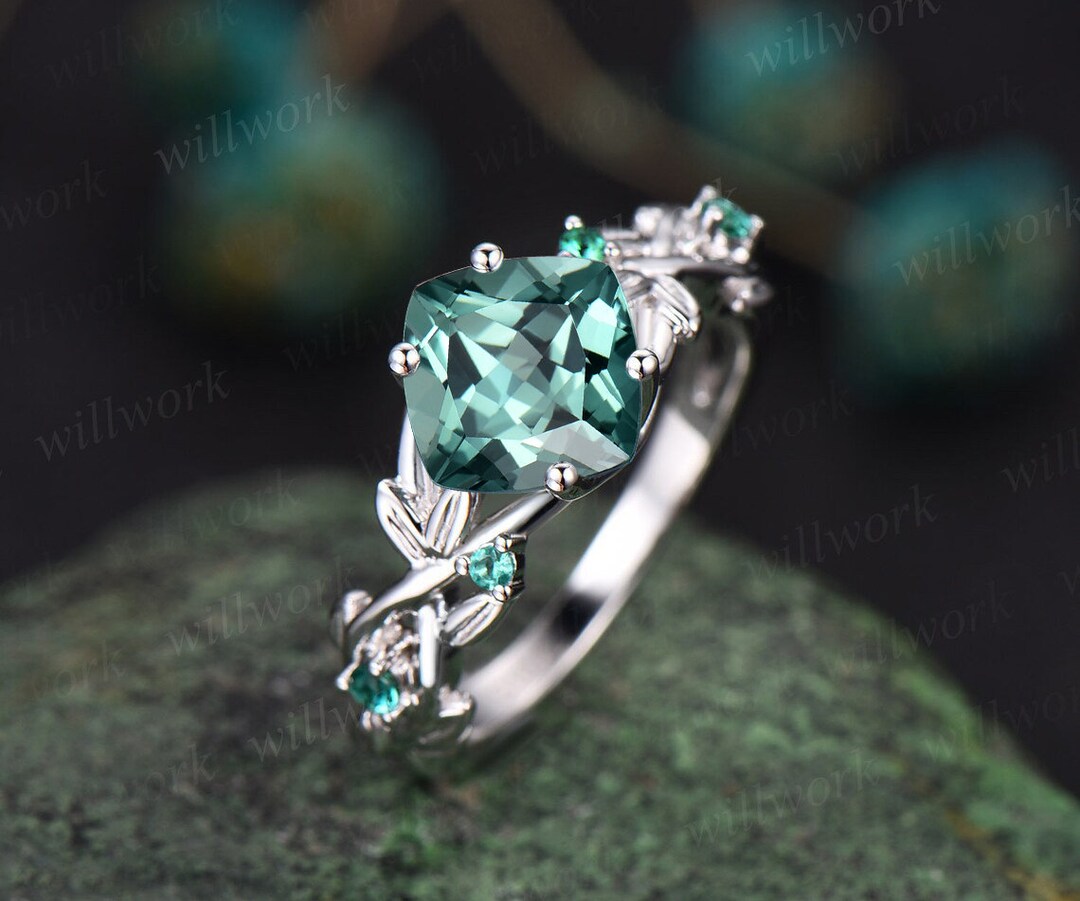 Twig Cushion Cut Green Sapphire Engagement Ring 14k White Gold Five