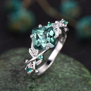 Twig cushion cut green sapphire engagement ring 14k white gold five stone emerald ring vintage retro gemstone leaf wedding ring women gift
