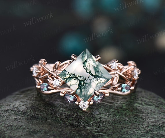 Princess Cut Green Moss Agate Engagement Ring 14k White Gold Five