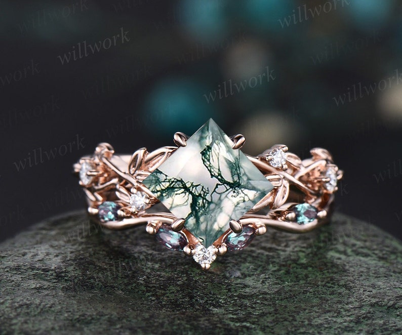 Princess cut green moss agate engagement ring 14k white gold five stone leaf branch Nature inspired alexandrite bridal ring set women gift image 1