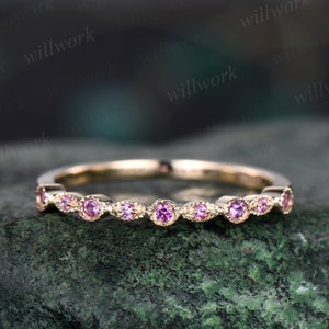 Milgrain bezel natural pink sapphire wedding band solid 14k yellow gold vintage art deco half eternity dainty wedding ring band women gift
