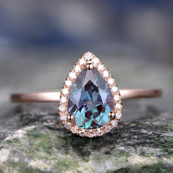 Pear cut Alexandrite engagement ring rose gold ring real diamond halo ring color change Alexandrite ring for women anniversary jewelry gift