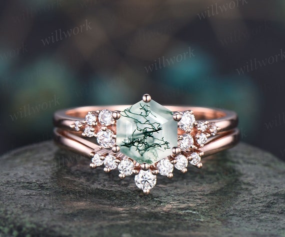 Hexagon cut green moss agate ring gold silver vintage snowdrift engagement  ring set alternative unique engagement ring bridal ring set women - Main Image