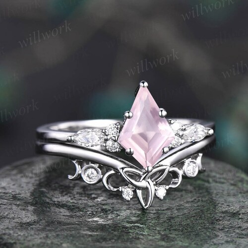Kite cut rose quartz ring rose gold unique engagement ring set rose shops gold crystal ring art deco moissanite ring women Norse Viking Jewelry