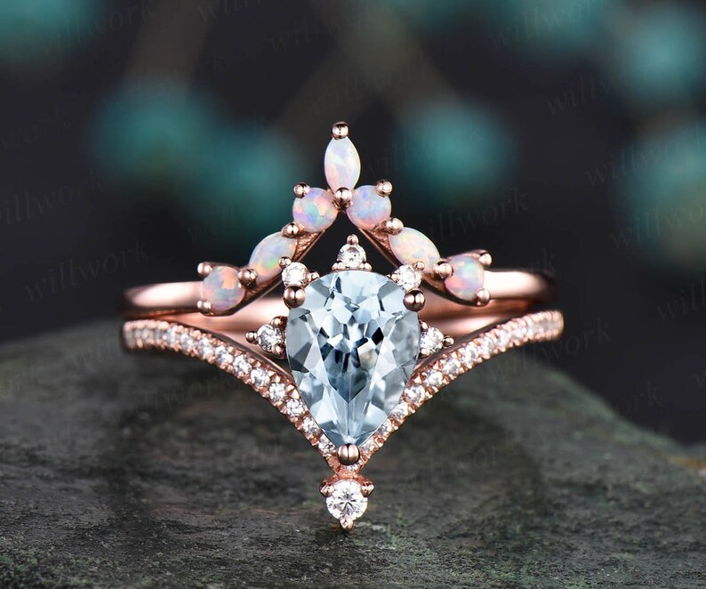 Vintage moissanite ring opal ring gold 2pcs teardrop Etsy