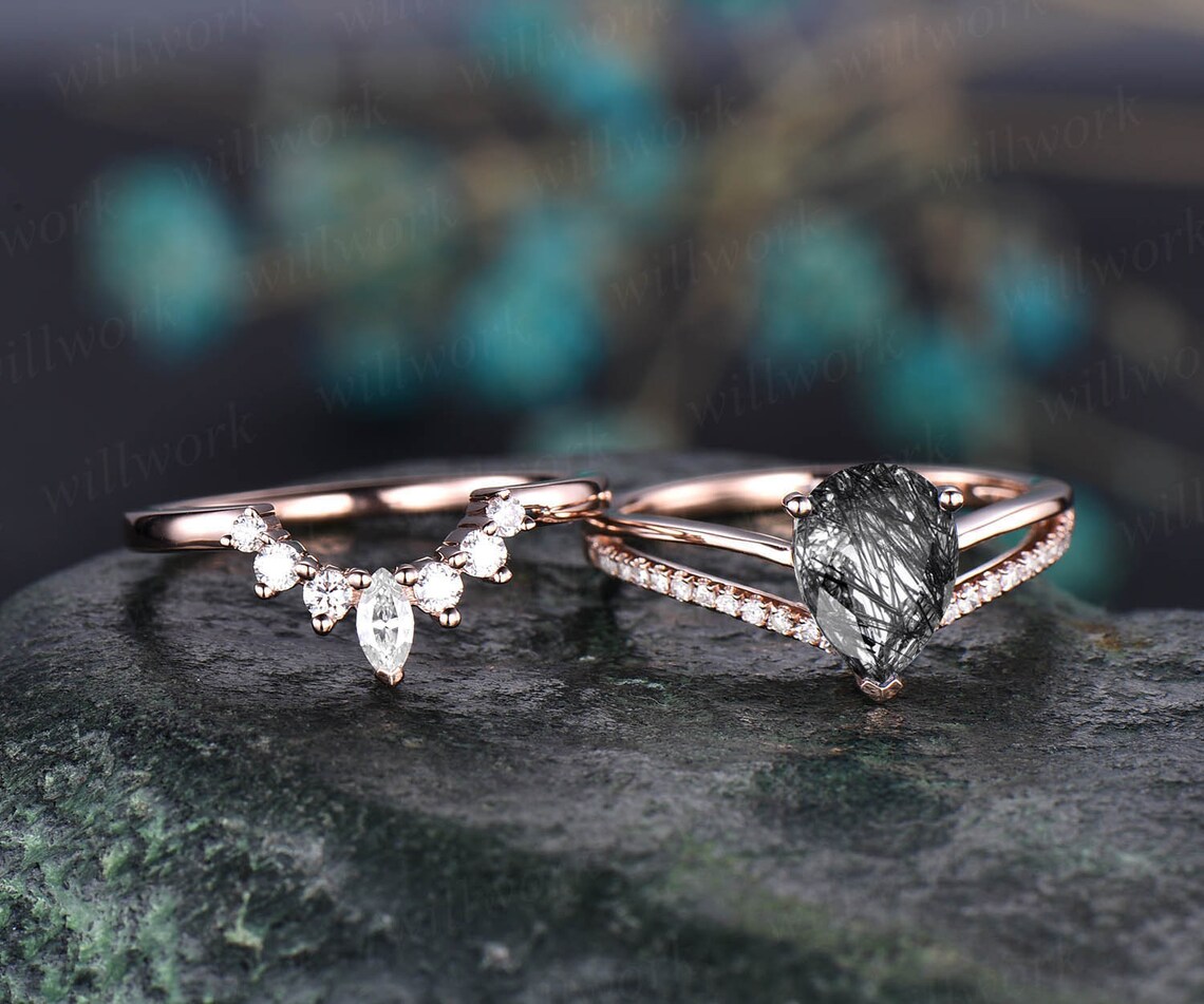 Unique Bridal Ring Set Vintage Style Black Rutilated Quartz - Etsy