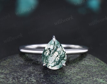 Pear cut moss agate engagement ring white gold hidden halo diamond ring claw prong dainty promise wedding ring women gift