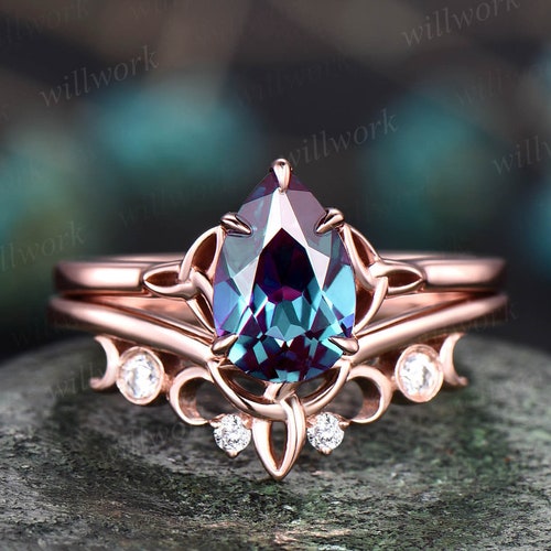 Unique pear shaped alexandrite engagement ring set rose gold silver Celtic Knot shops Norse Viking ring band vintage moissanite wedding ring set