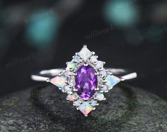 Oval cut amethyst ring vintage white gold halo kite square opal unique engagement ring women wedding anniversary ring gift for her