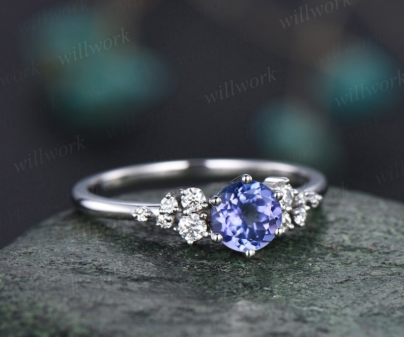 Round natural blue tanzanite ring vintage unique engagement ring 14k white gold 6 prong snowdrift diamond anniversary wedding ring for women image 1