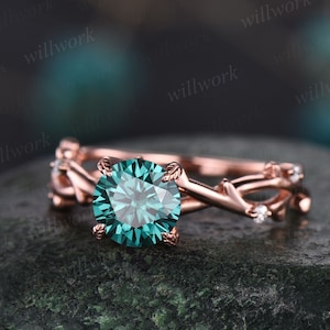 Round green moissanite engagement ring vintage leaf twisted diamond ring rose gold dainty custom ring women bridal anniversary promise ring