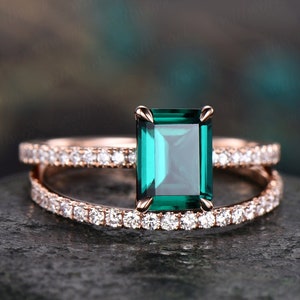 Emerald cut emerald ring gold vintage emerald engagement ring set 14k rose gold unique engagement ring diamond wedding ring set for women