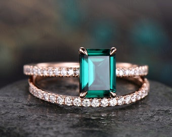 Emerald cut emerald ring gold vintage emerald engagement ring set 14k rose gold unique engagement ring diamond wedding ring set for women