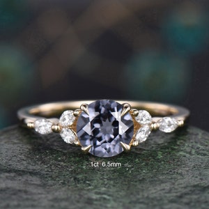 1ct round cut gray spinel ring vintage unique engagement ring solid 14k yellow gold cluster marquise diamond promise wedding ring women