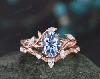 Oval cut blue moissanite engagement ring 14k rose gold leaf nature inspired women unique cluster diamond bridal wedding ring set jewelry